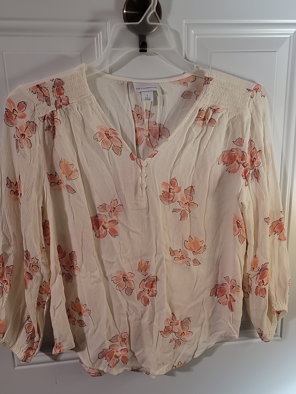 Liz Claiborne Cream Peony Print Peasant Blouse